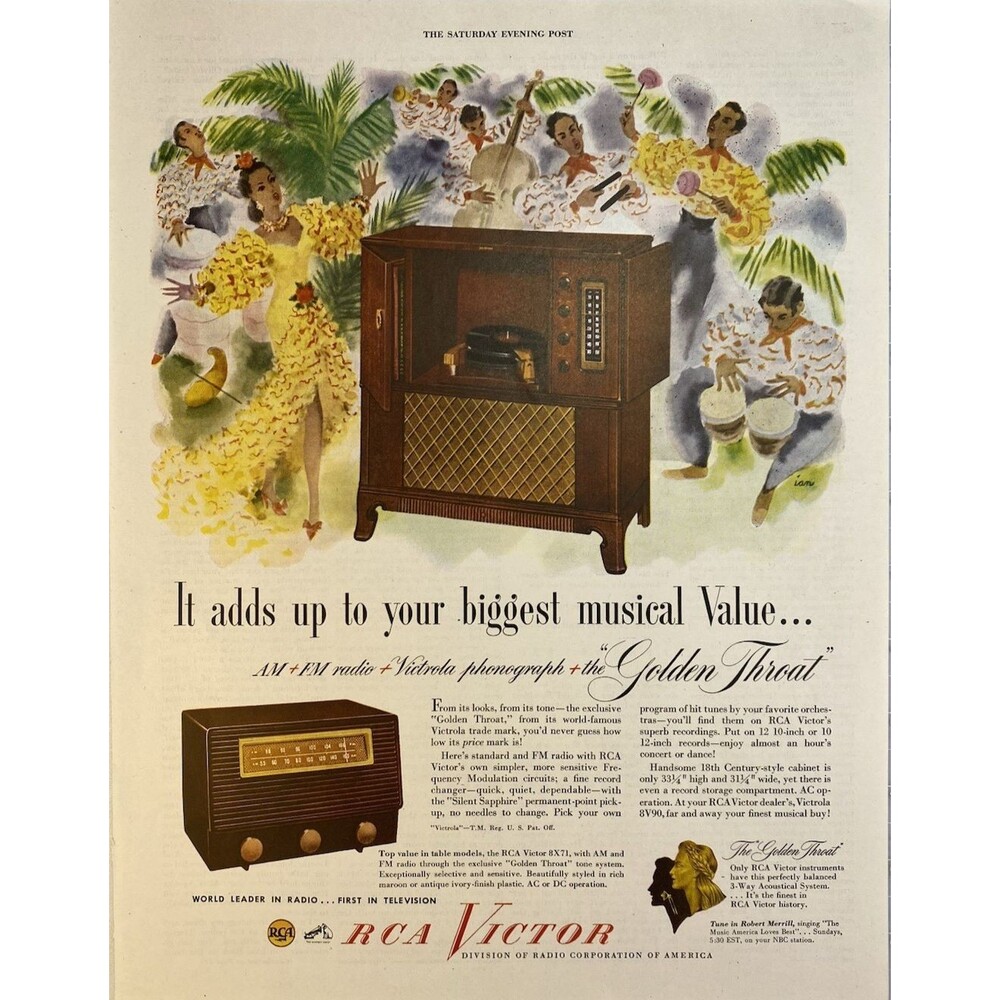 RCA Victor AM & FM Radio-Victrola Phonograph + "the Golden Throat " Print Ad '49